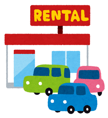 レンタカーの店舗のイラスト（カーシェア・地方交通の比較）